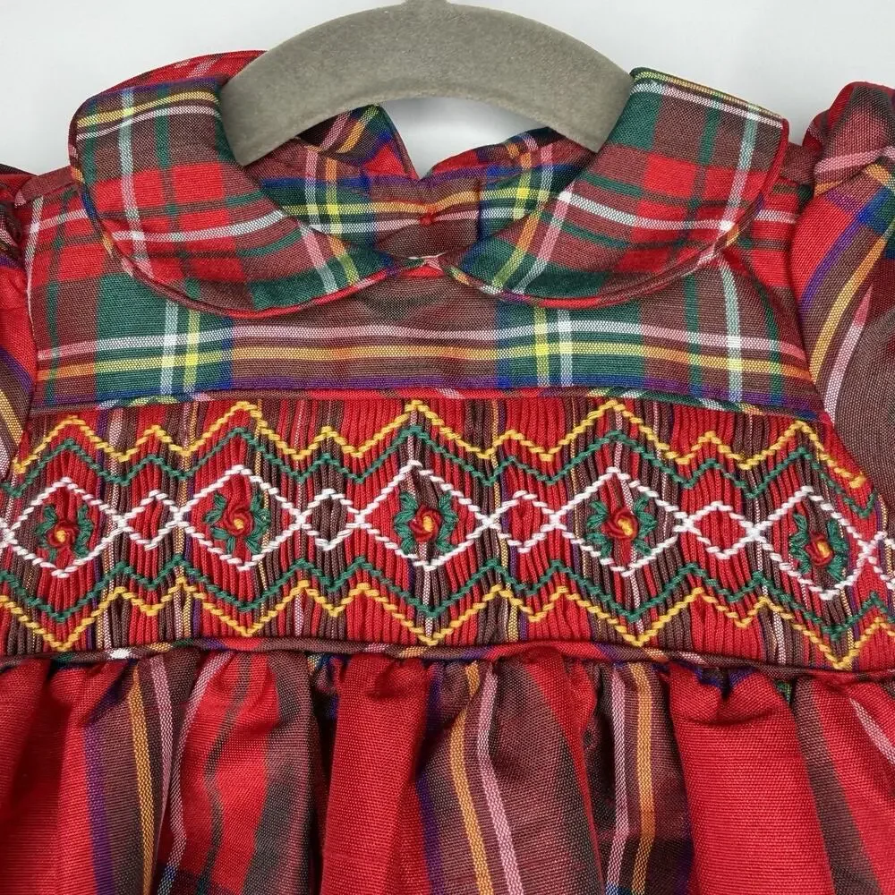 Laura Ashley Infant Holiday Dress 0-3 Months Red & Green Plaid Front Smocking